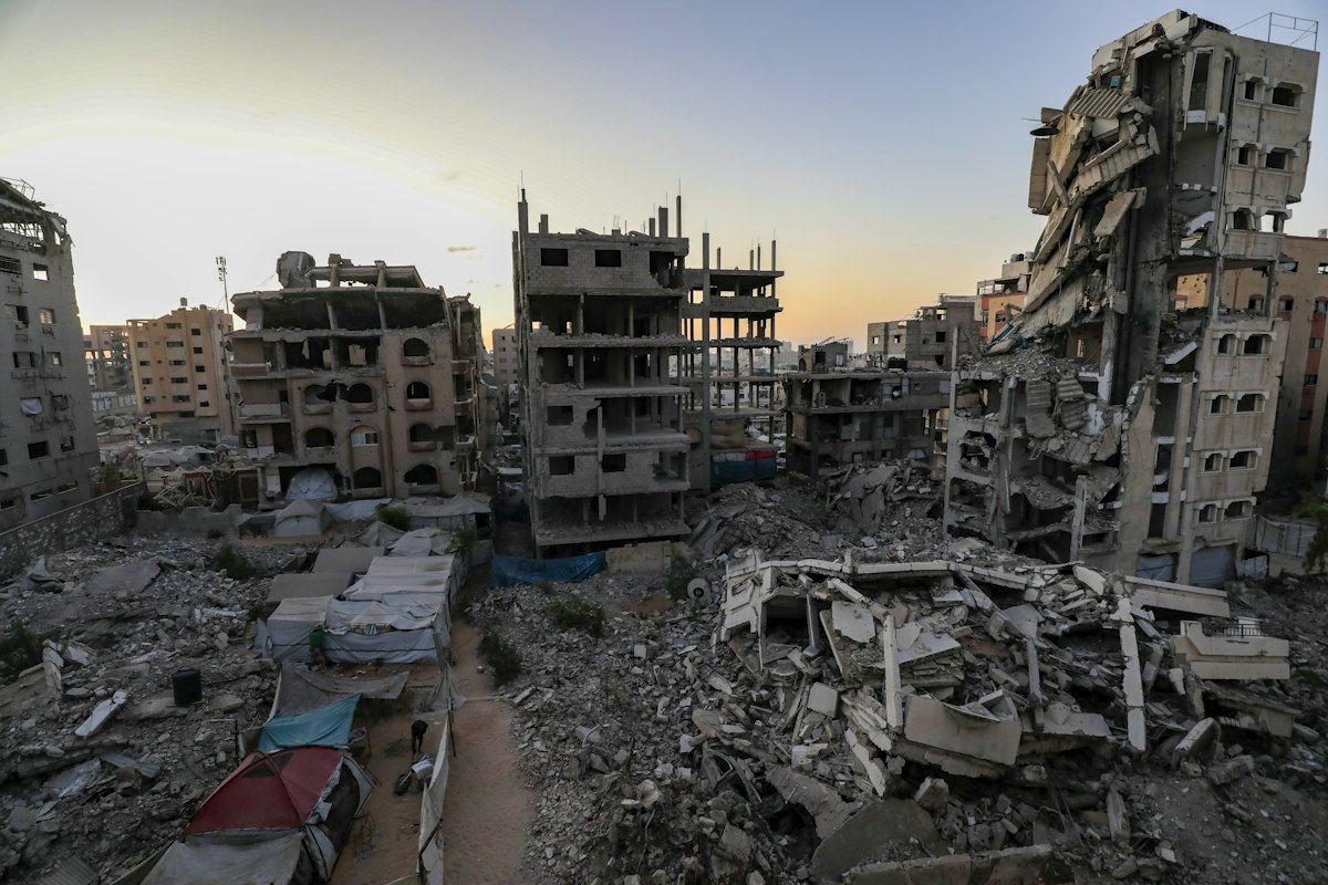 Damaged buildings and rubble in a city